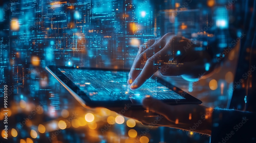 Poster Digital marketing data exchange global business Businessman using digital tablet computer double exposure with smart city online marketing data transfer global internet network technol : Generative AI