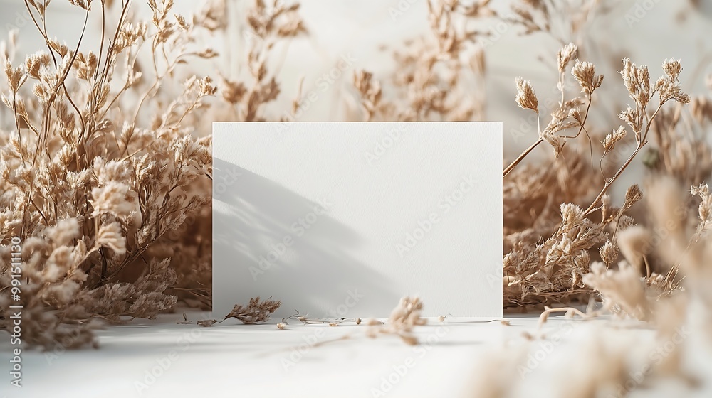 Poster boho business card mockup template empty stationery card with dry plants flower and boho decor on a 
