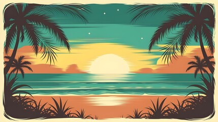 Obraz premium Tropical Sunset Beach Landscape with Palm Trees and Ocean