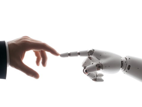 a robot and a hand touching a finger