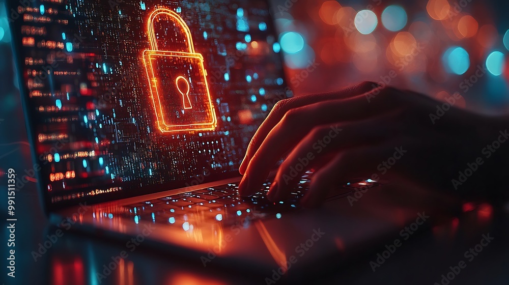 Leinwandbilder Cyber security network Data protection concept Businessman using laptop computer with digital padlock on internet technology networking with cloud computing and data management cyberse : Generative AI
