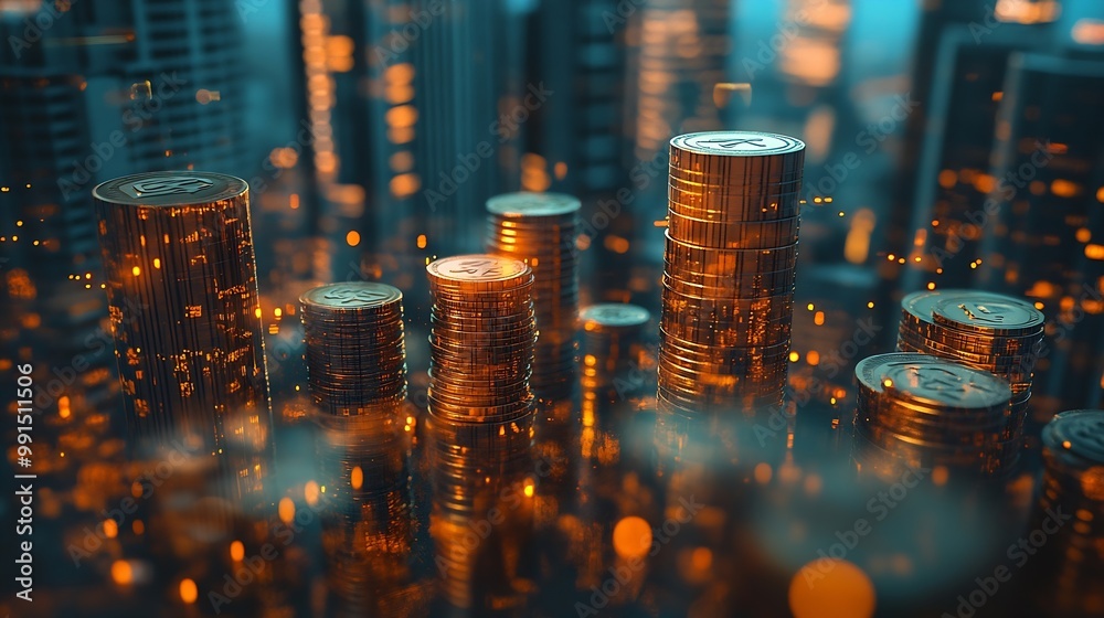 Poster double exposure of city and rows of coins for finance and business concept : generative ai