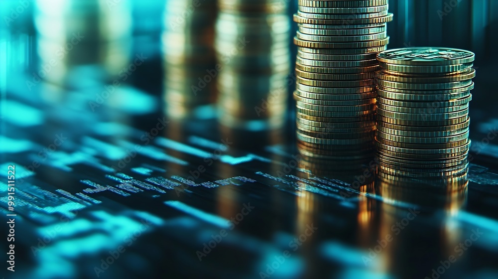 Aufkleber Double exposure of graph and rows of coins in soft color for finance and business concept : Generative AI