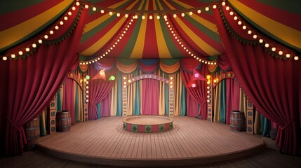 Circus Tent Stage with Red Curtns  Wooden Floor  and String Lights