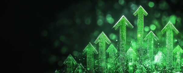 An abstract data landscape with green arrows pointing upwards, representing market optimism and the power of emerging technologies.