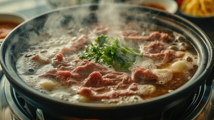 Fototapeta premium Close-up of a Shabu-Shabu meal in progress with beef and vegetables cooking in a flavorful broth, served with dipping sauces on the side.