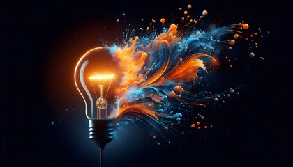 A light bulb bursts with vibrant colors, symbolizing a dynamic explosion of creativity and innovation.