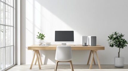 Fototapeta premium A minimalist workspace with a stylish desktop speaker, complementing modern decor and showcasing the integration of technology and design.