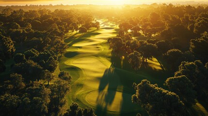 Aerial view of a lush golf course at sunset, showcasing vibrant greens and shadows.