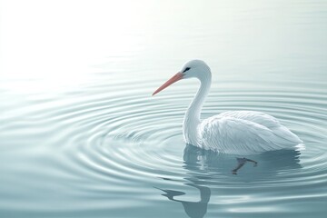 Obraz premium a white stork floating on clear water with soft circle wave and soft light 