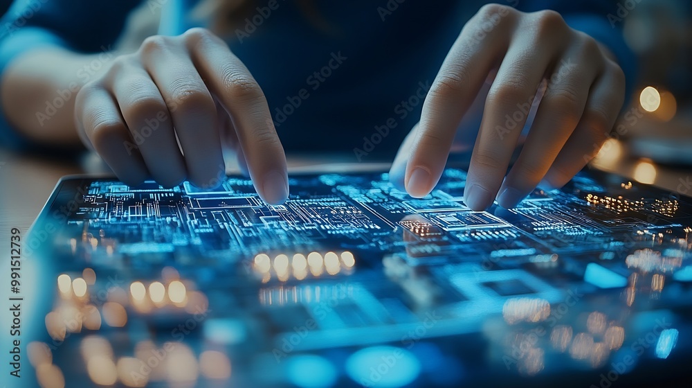 Aufkleber Digital technology software development concept Coding programmer software engineer using digital tablet with circuit board and javascript on virtual screen internet of things IoT : Generative AI