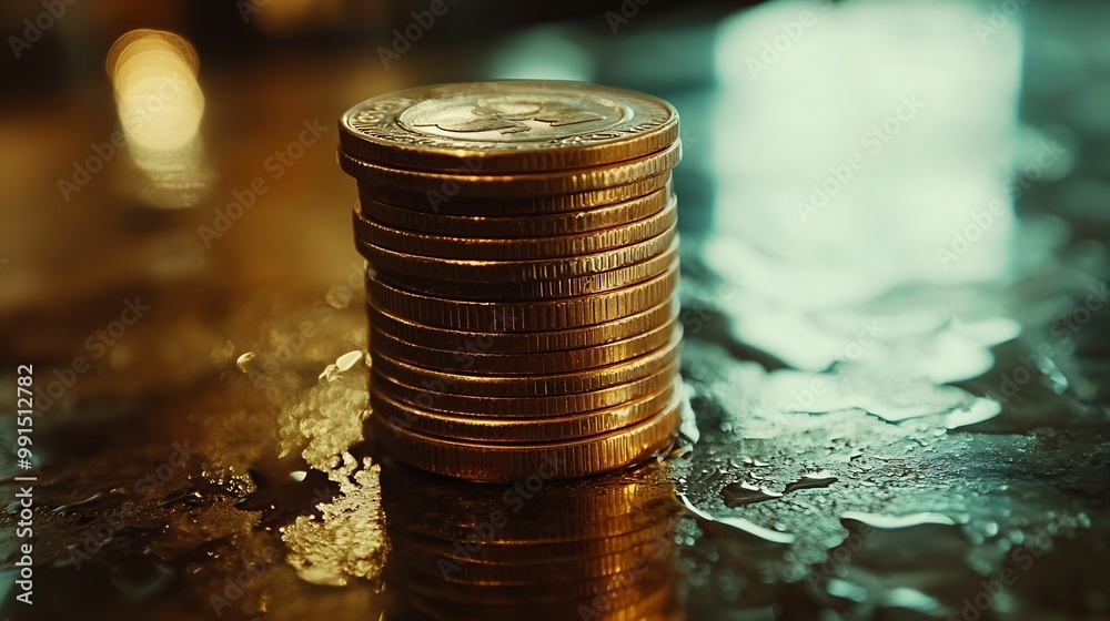 Fototapete close up stack of coin on table background and business or finance saving money : generative ai