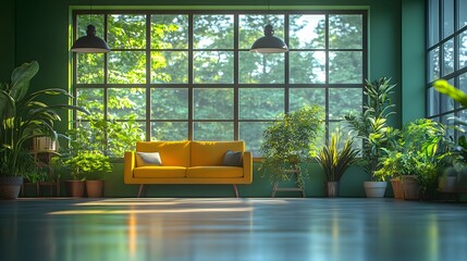 Fototapeta premium Green office with eco-friendly furniture and natural light