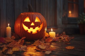 Obraz premium Glowing carved pumpkin jack-o'-lantern with candles, placed on a porch surrounded by autumn leaves, creating a spooky and festive Halloween atmosphere