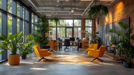 Open-plan office with shared desks and bright decor