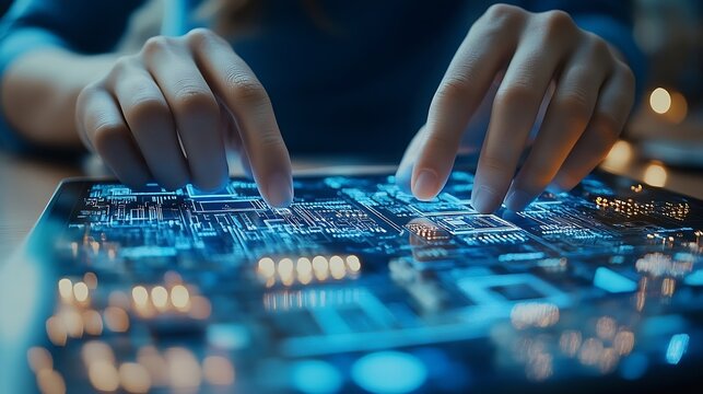 Digital technology software development concept Coding programmer software engineer using digital tablet with circuit board and javascript on virtual screen internet of things IoT : Generative AI