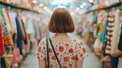 Obraz premium Woman browsing vintage shops in a historic district, Vintage Shopping, Cultural experience