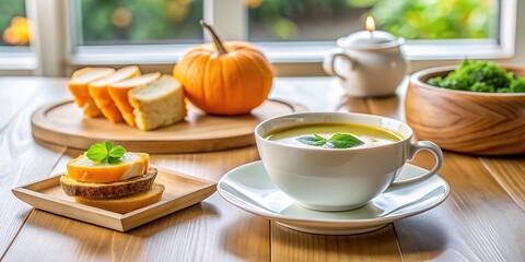 Light breakfast in a restaurant with green tea and pumpkin puree, organic, morning, green tea, fresh, table, pumpkin puree, restaurant, natural, delicious, interior, food, healthy, cozy