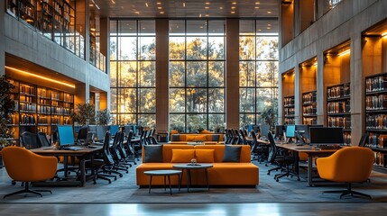 Open-plan office with flexible seating and shared workstations