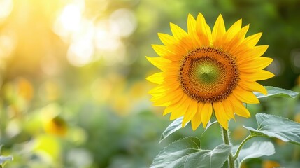 Obraz premium Close-up of a single sunflower with its bright petals and a soft-focus background, offering ample space on the right side for text or branding.