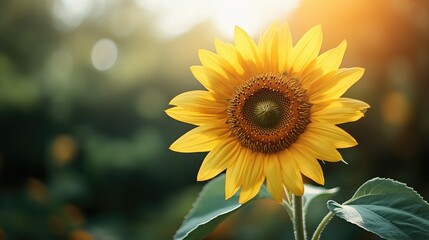 Fototapeta premium Close-up of a single sunflower with its bright petals and a soft-focus background, offering ample space on the right side for text or branding.