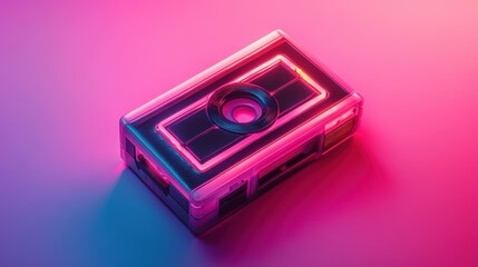 Retro cassette player with neon lights on a gradient background.