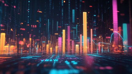 Fototapeta premium A multi-colored 3D bar graph emerging from a dark digital surface, surrounded by floating numbers and futuristic elements, highlighting market analysis.