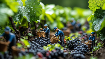 Miniature figures harvest grapes in a lush vineyard, amidst vibrant greenery and ripe berries, capturing the essence of wine-making.