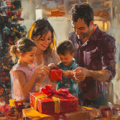 Fototapeta premium Family opening Christmas presents together in a warm, festive home