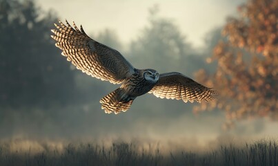 Fototapeta premium An owl in flight with a hazy background.