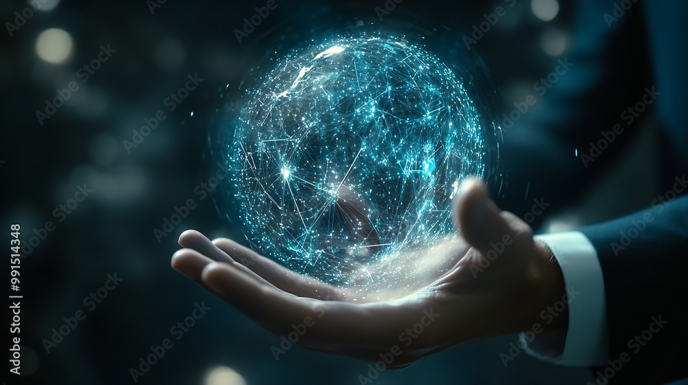 Fototapete Ai tech businessman show virtual graphic Global Internet connect Chatgpt Chat with AI Artificial Intelligence using command prompt for generates something Futuristic technology transfo : Generative AI