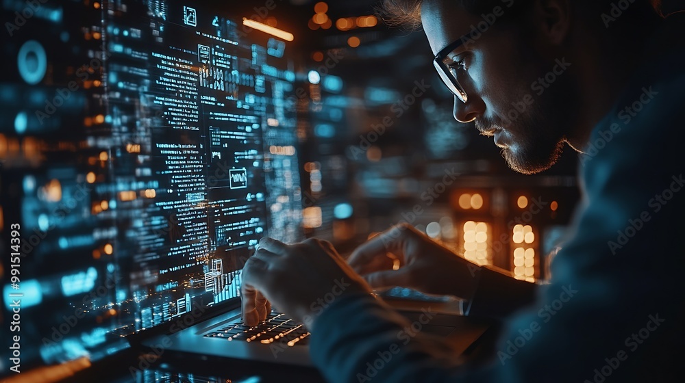 Fototapete Digital technology concept Man programmer working on laptop for big data management computer code on futuristic virtual interface screen data mining digital software development data s : Generative AI