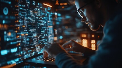 Digital technology concept Man programmer working on laptop for big data management computer code on futuristic virtual interface screen data mining digital software development data s : Generative AI