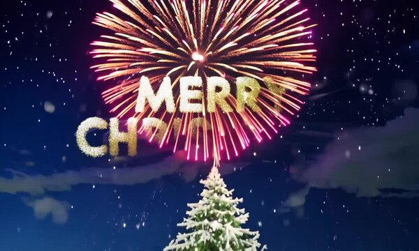 Christmas tree and Merry Christmas greetings made of fireworks
