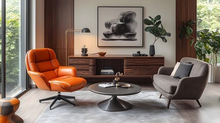 Mid-century modern office with a retro vibe and sleek furniture