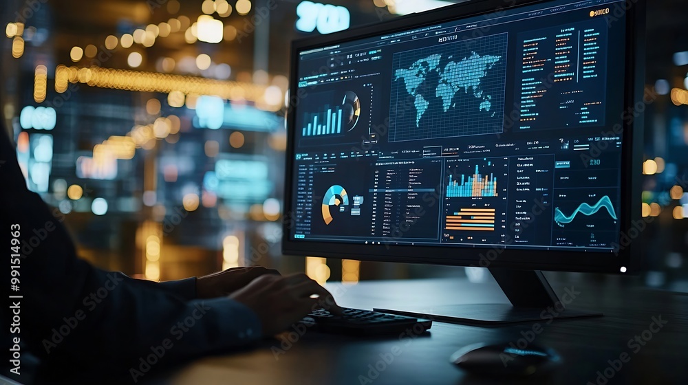 Aufkleber An analyst uses a computer and dashboard for data business analysis and Data Management System with KPI and metrics connected to the database for technology finance operations sales ma : Generative AI
