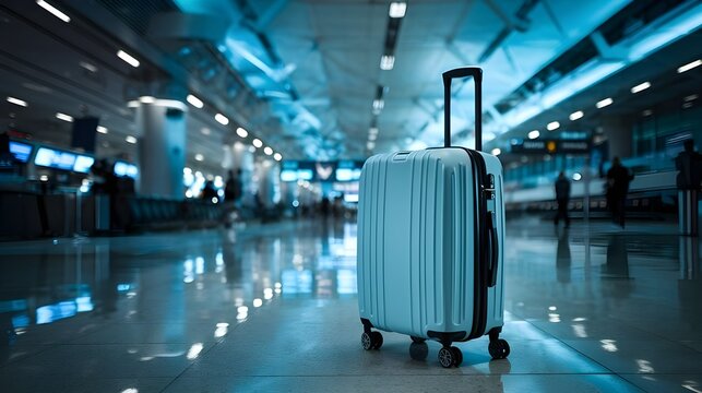 Blue Suitcase in Airport Terminal with Blurred Background