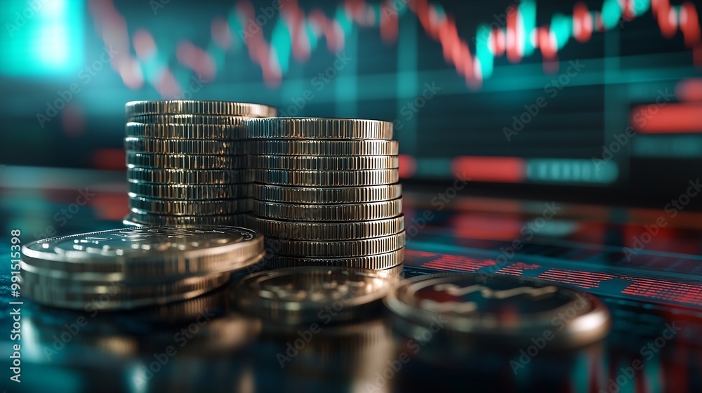 Poster stack of silver coins with trading chart in financial concepts and financial investment business sto