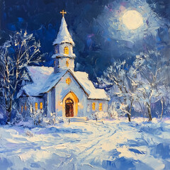 Snow-covered church at night with glowing windows under a full moon