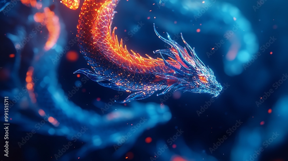 Leinwandbilder Abstract flying dragons on a dark blue background Technological background for design on the topic of artificial intelligence neural networks big data Copy space : Generative AI