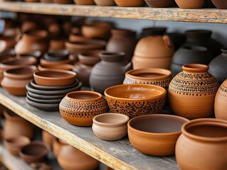 Traditional pottery market with shelves of handmade ceramics, Pottery Market, Artisan crafts