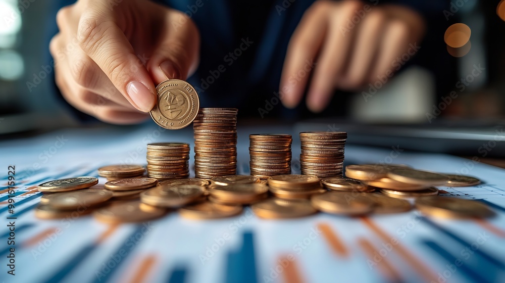 Aufkleber putting coins business growth and investment chart strategic planning to increase profits from doing