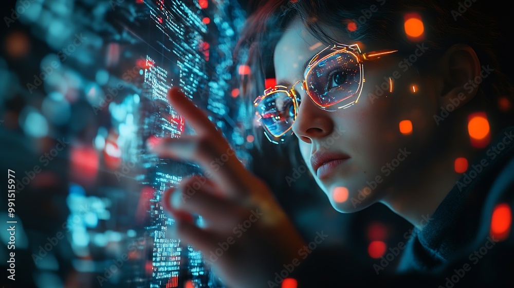 Aufkleber Metaverse and Blockchain Technology Concepts Person with Glasses try to Touching Object for Experiences of Metaverse Virtual World Futuristic Tone : Generative AI