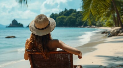 Summer beach vacation concept Asia woman with hat relaxing and arm up on chair beach at Koh Mak Trad Thailand : Generative AI