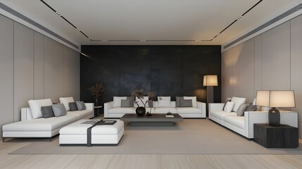 Fototapeta premium Modern Living Room Interior Design with White Sofa and Black Wall