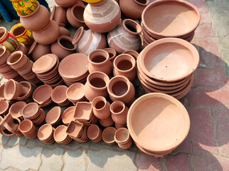 clay pot shop near road in India, Vintage and handmade stuff at the local market.