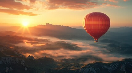 Fototapeta premium Hot air balloon flying over misty mountains during a stunning sunrise.