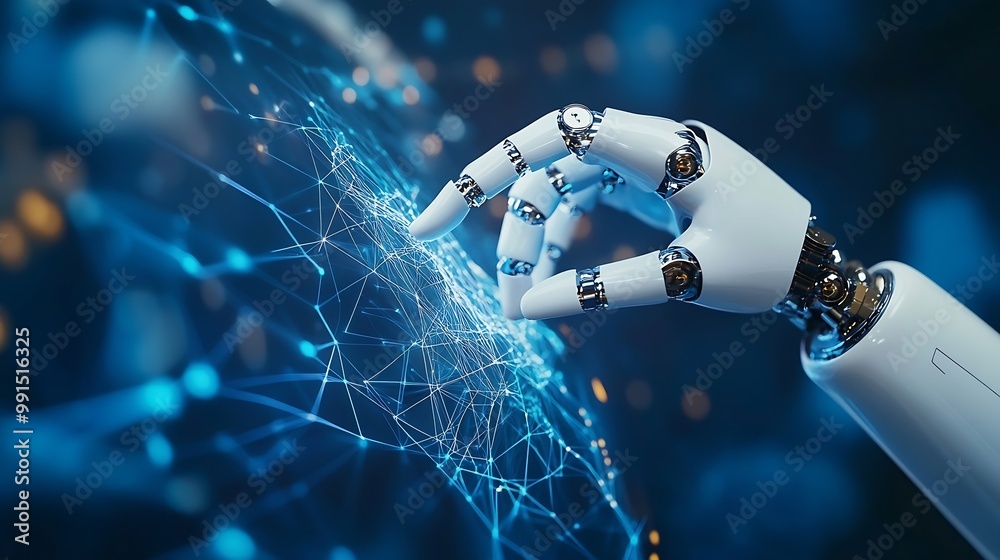 Aufkleber AI Machine learning Hands of robot and human touching on big data network connection background Science and artificial intelligence technology innovation and futuristic : Generative AI