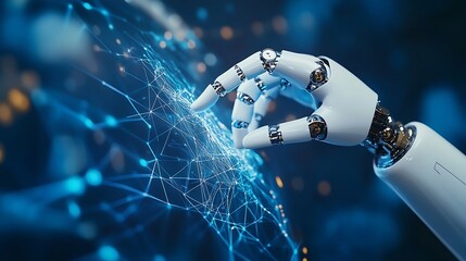 AI Machine learning Hands of robot and human touching on big data network connection background Science and artificial intelligence technology innovation and futuristic : Generative AI
