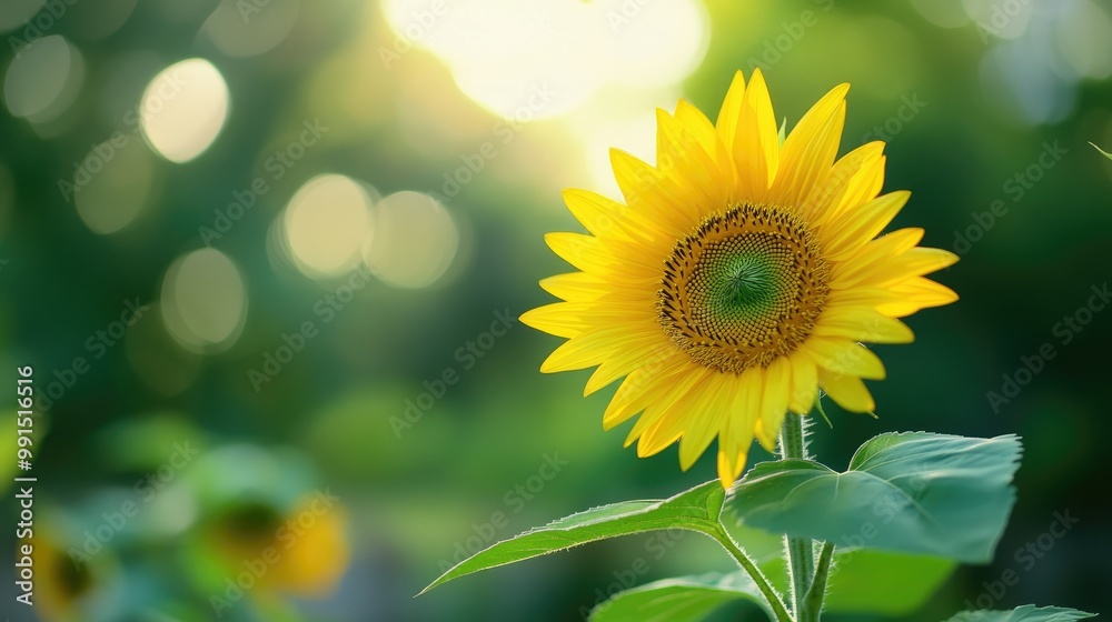 Fototapete close-up of a sunflower with a blurred garden background, creating ample space on the left side for 